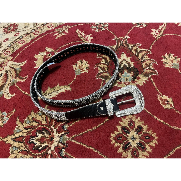 Vintage Genuine Leather Bejeweled Bling Silver Western Buckle Size Large main image 4